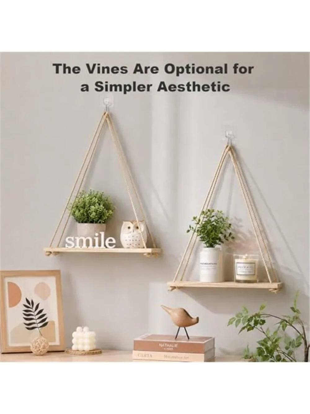 Macrame Floating Shelves for Wall No Drilling,Boho Hanging Shelf with Artificial